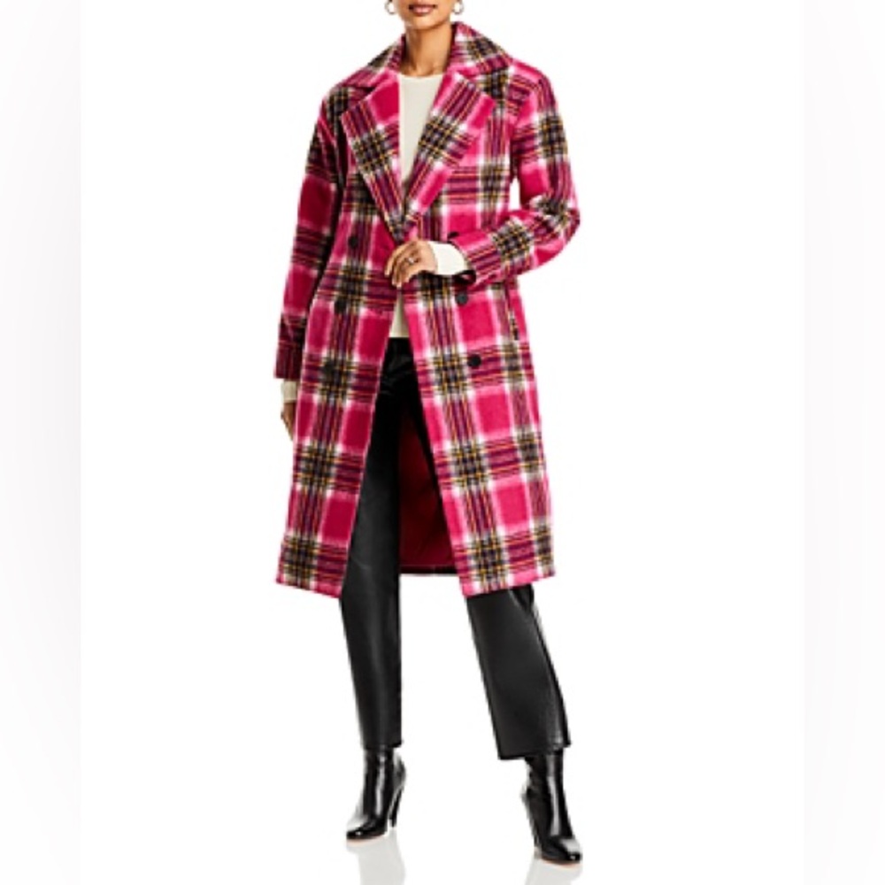 Bloomingdale’s Aqua Plaid Duster Trench Coat in Pink, Size XL New w/Tag